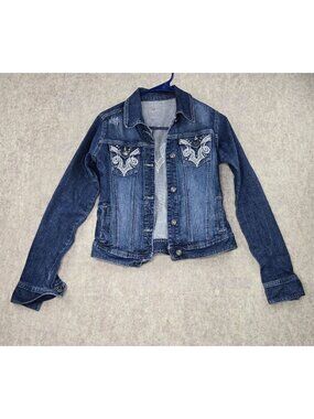 Rock 47 Womens Denim Jacket Dark Wash Embroidered Snap Closure Distressed Style